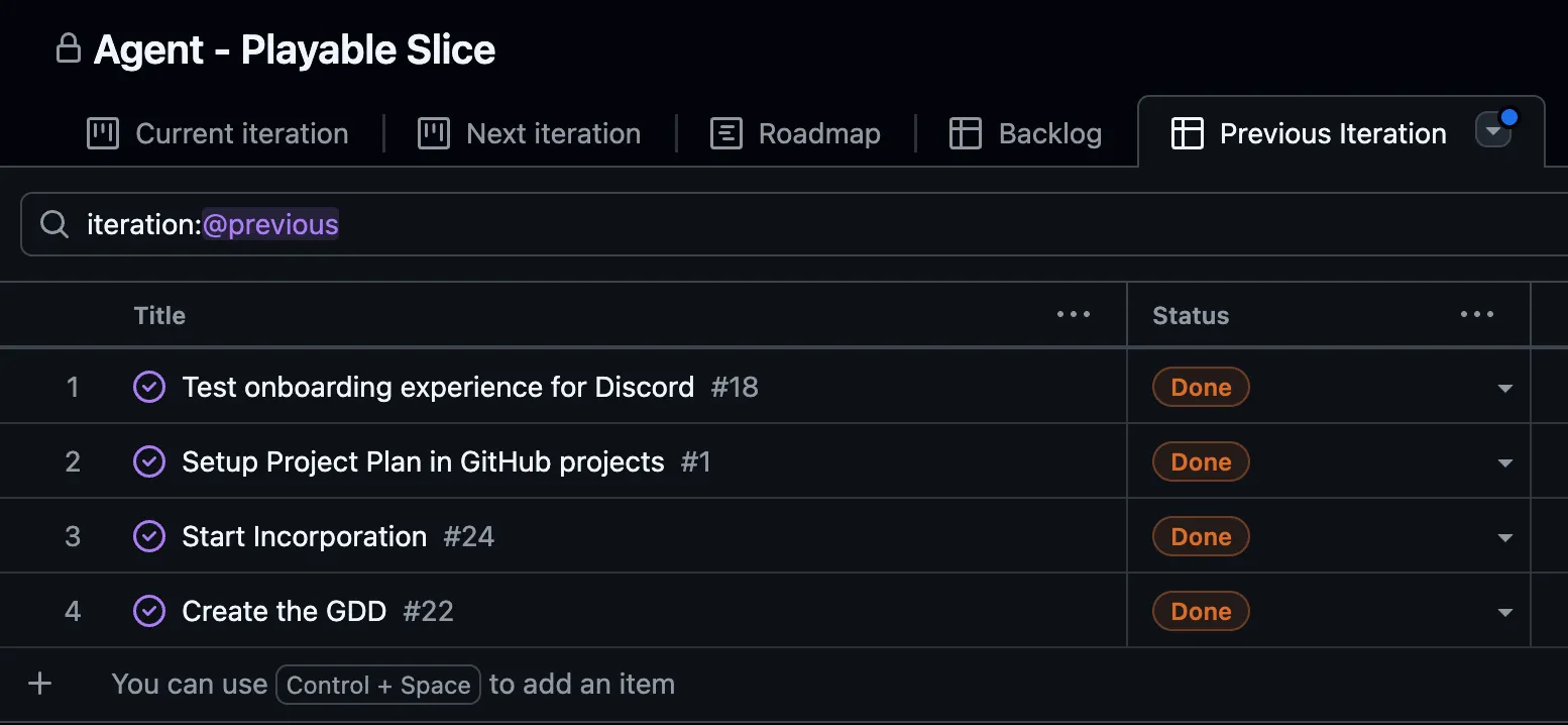 White text on a black background listing four issues that were completed in the iteration