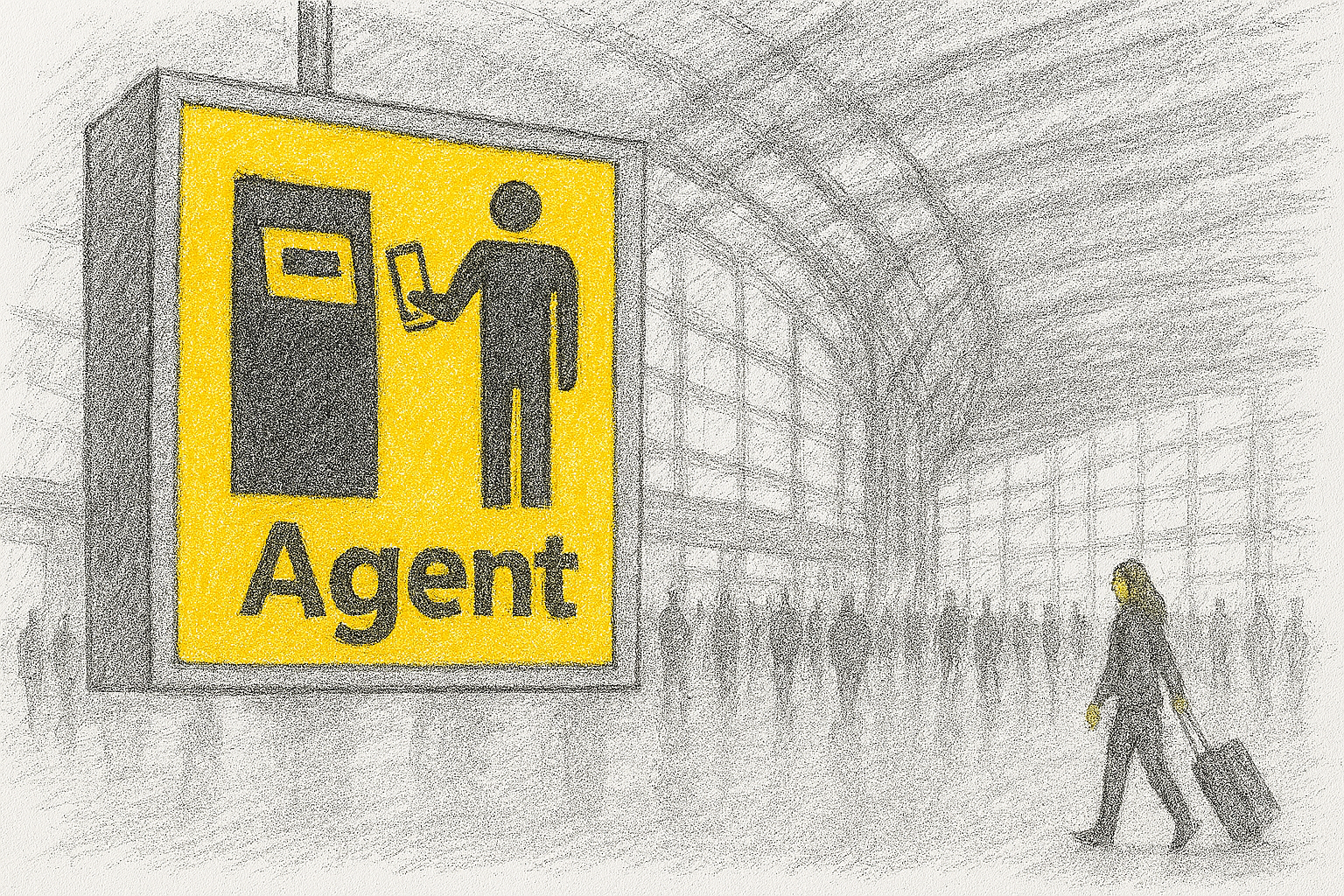A pencil sketch of a busy airport terminal features a prominent yellow overhead sign reading “Agent” in bold black letters. The sign shows a stylized figure holding a ticket in front of a kiosk. In the background, soft blue and grey tones illustrate the sweeping glass architecture and a crowd of travelers in motion, with one person in the foreground pulling a suitcase. The vibrant sign stands out against the calm, flowing atmosphere of the terminal. Derived from a photo by Larissa Gies on Unsplash.